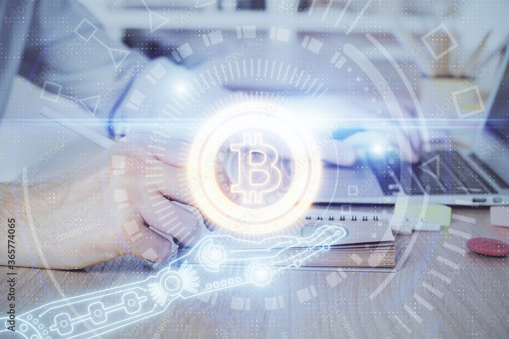 Blockchain theme hud with businessman working on computer on background. Concept of crypto chain. Double exposure. Blockchain theme hud with businessman working on computer on background. Concept of crypto chain. Double exposure.