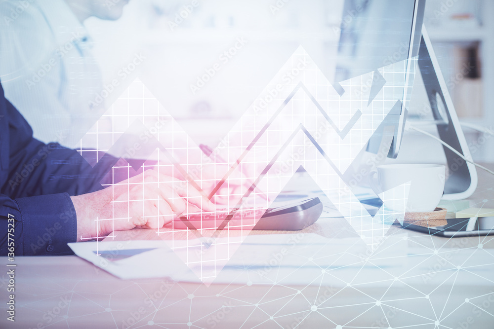 Growing arrows with businessman working on computer on background. Success concept. Double exposure. Growing arrows with businessman working on computer on background. Success concept. Double exposure.