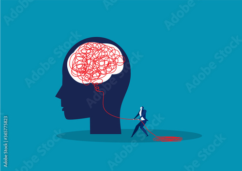 business pull rope arranged messy lines of things in human head , vector illustration