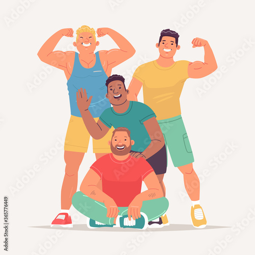 Group of joyful athletic man visitors and trainers of the gym. Bodybuilders, athletes, powerlifters. Influencers of a healthy lifestyle