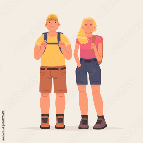 Happy couple hiking tourists over isolated background. Characters of a man and a woman dressed in hiking clothes and with backpacks.