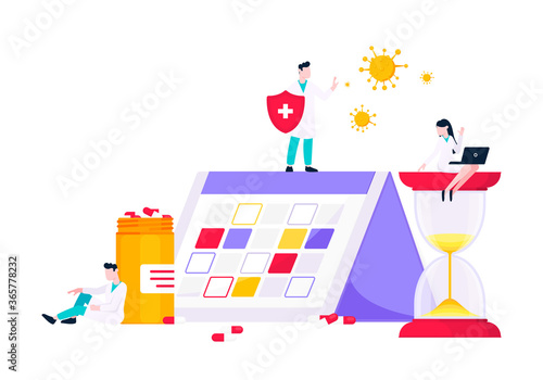 Medicine schedule or medical reminder planner flat style design vector illustration with date calendar, doctors and pill bottle isolated on white background. Health care appointment service.
