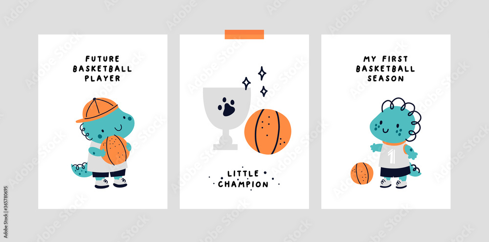 Milestone cards. Childish card or poster with cute baby dino character. Funny phrase: Basketball player, little champion, my first basketball season. Ideal for kids room decoration, clothing, prints Milestone cards. Childish card or poster with cute baby dino character. Funny phrase: Basketball player, little champion, my first basketball season. Ideal for kids room decoration, clothing, prints