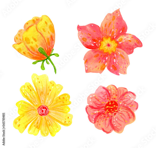 .Set of abstract spring flowers and leaves for festive decoration and design. Bright children s illustration  clipart on a white background. Pink  Yellow  green plants.