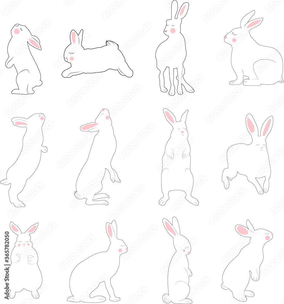 Hand-drawn vector Easter running, looking up and sitting in various poses. rabbits black silhouette. Set of Easter bunny outlines isolated on white background.Simple cartoon bunny. Hand-drawn vector Easter running, looking up and sitting in various poses. rabbits black silhouette. Set of Easter bunny outlines isolated on white background.Simple cartoon bunny.