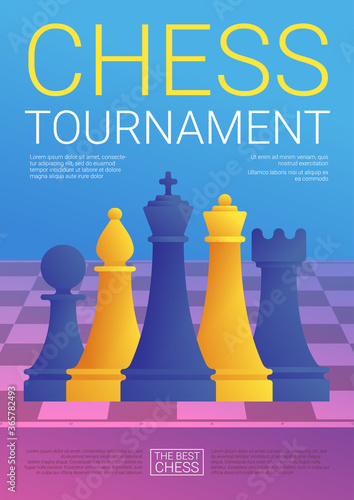 Chess tournament poster in cartoon style. Purple chessboard with blue and yellow chess pieces. Chess classes and championship advertising. Hobby and professional sport competition vector illustration.