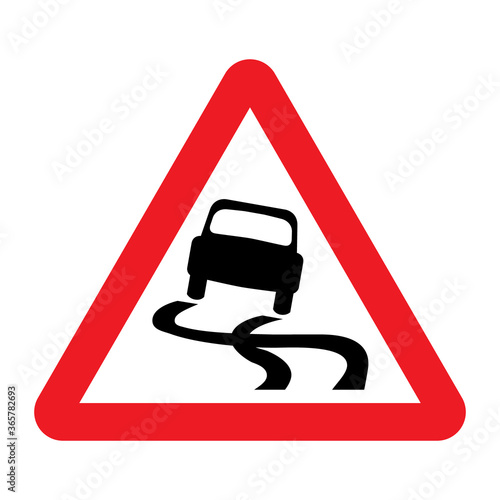 Slippery road traffic sign. Red triangle warning road sign with skidding car icon inside. Vector illustration of skid risk symbol isolated on white background.