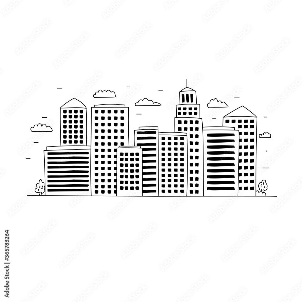 City skyline vector illustration draw in doodle style isolated on white background 