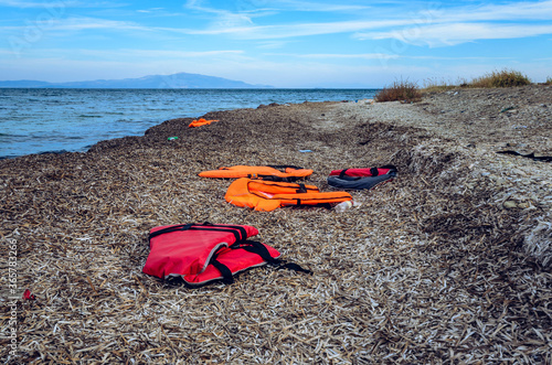 Lesvos Greece- Lifejackets left by refugees on the shore of Mytilini.