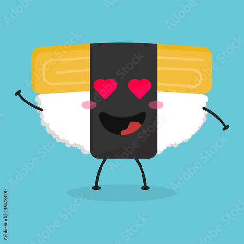 Cute flat cartoon Tamago sushi illustration. Vector illustration of cute sushi with a smiling expression.
