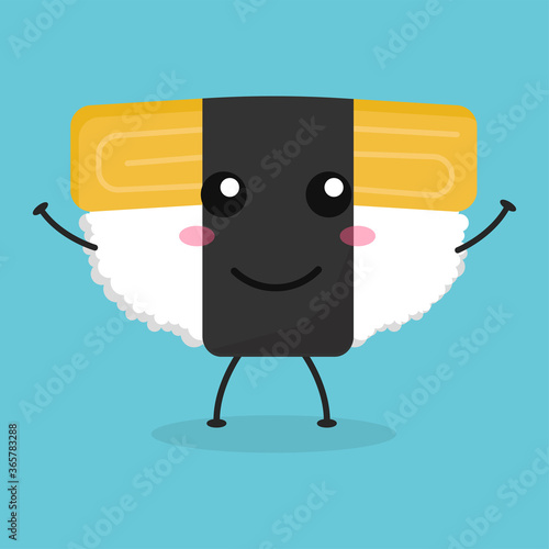 Cute flat cartoon Tamago sushi illustration. Vector illustration of cute sushi with a smiling expression.