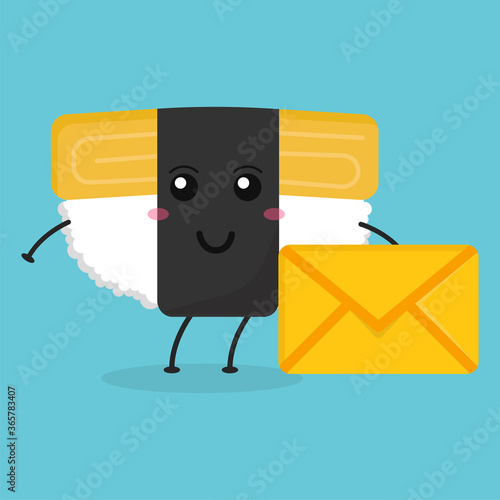 Cute flat cartoon tamago sushi holding an envelope illustration. Vector illustration of cute sushi with a smiling expression.