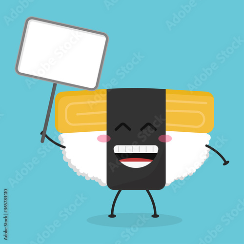 Cute flat cartoon tamago sushi holding a sign illustration. Vector illustration of cute sushi with a smiling expression.