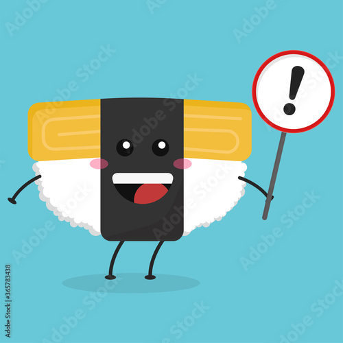 Cute flat cartoon tamago sushi holding a sign illustration. Vector illustration of cute sushi with a smiling expression.