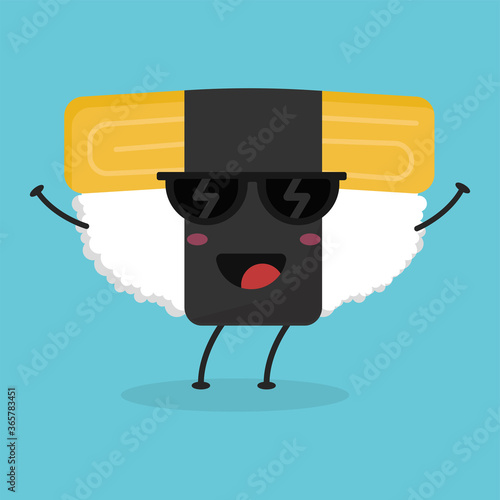 Cute flat cartoon Tamago sushi illustration. Vector illustration of cute sushi with a smiling expression.