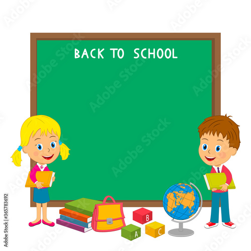 kids stand wth books on the blackboard background, illustration,vector