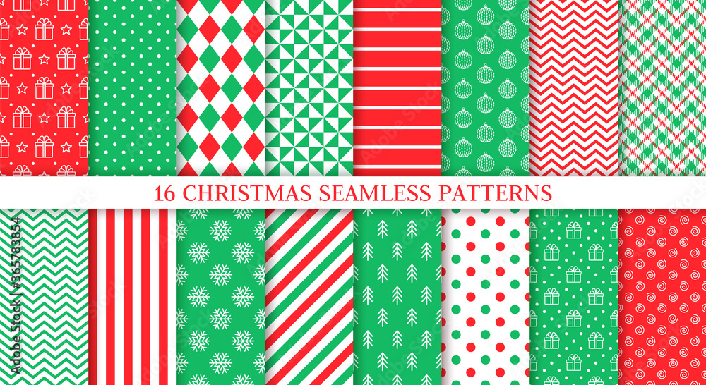 Christmas seamless print. Vector. Xmas, New year patterns. Set backgrounds with ball, zigzag, tree, gift box, snowflake, stripe, polka dot. Noel wrapping paper. Festive texture. Red green illustration Christmas seamless print. Vector. Xmas, New year patterns. Set backgrounds with ball, zigzag, tree, gift box, snowflake, stripe, polka dot. Noel wrapping paper. Festive texture. Red green illustration