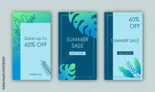 Set of sale banners with leaves and plants for instagram stories and other ads: banner, card, or flyer. Trendy modern vector template design.