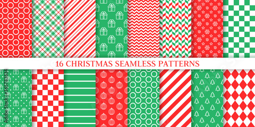 Xmas seamless pattern. Vector. Christmas, New year textures. Set backgrounds with zigzag, tree, gift box, snowflake, candy cane stripe, ball. Noel wrapping paper. Festive print. Red green illustration