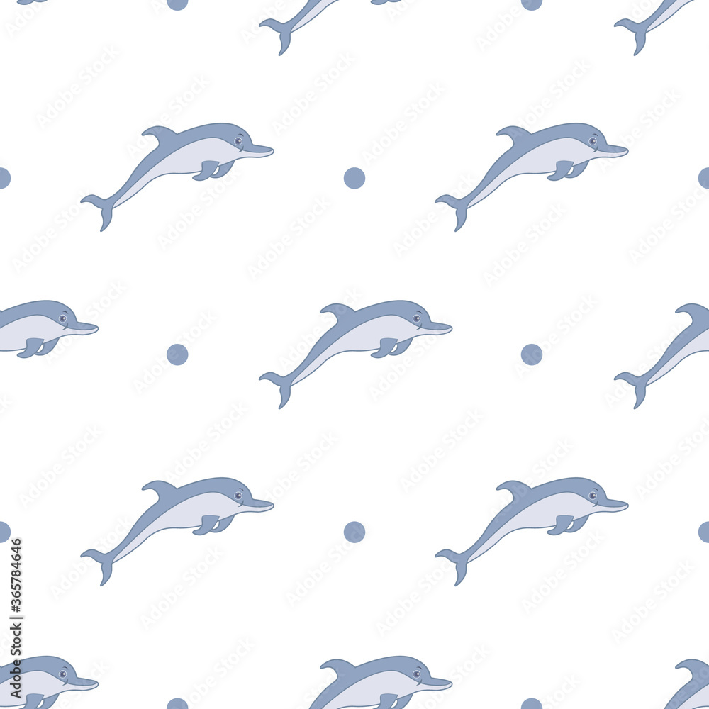 Fototapeta premium Cute dolphin seamless pattern on isolated white background. 