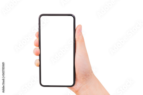 One Hand holding new smartphone on over white background in vertical view. Smartphone isolate.