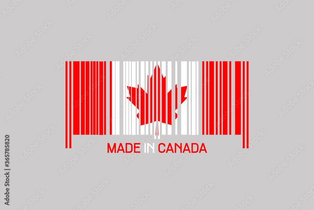 Made in Canada. Barcode in the form of the flag of Canada. Isolated on a gray background. Made in Canada. Barcode in the form of the flag of Canada. Isolated on a gray background.