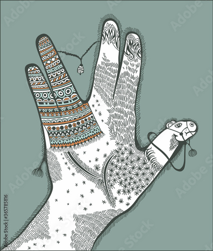 Illustration of hand with stylized camel inside