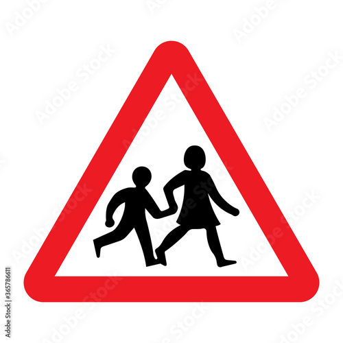 School children traffic sign. Red triangle warning road sign with two school children crossing inside. School zone symbol. Beware kids crossing road. Vector illustration.