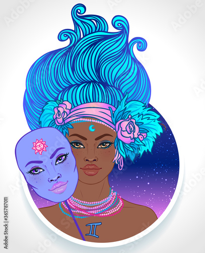 Illustration of Gemini astrological sign as a beautiful African American girl. Zodiac vector illustration isolated on white. Future telling, horoscope, alchemy, spirituality, fashion black woman.