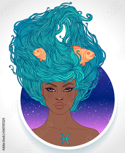 Illustration of Pisces astrological sign as a beautiful African American girl. Zodiac vector illustration isolated on white. Future telling, horoscope, alchemy, spirituality, fashion black woman.