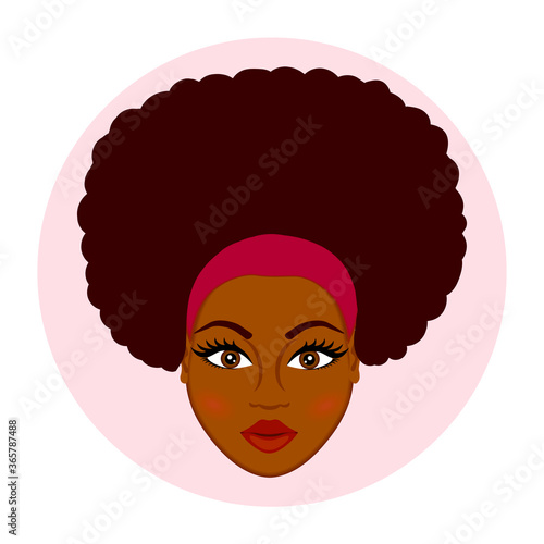 African woman with afro hairstyle. Afro hair. Classic haircut. Curly hairstyle. Bandage