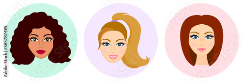 Women avatar set. Lady's haircuts set: short, wavy, ponytail