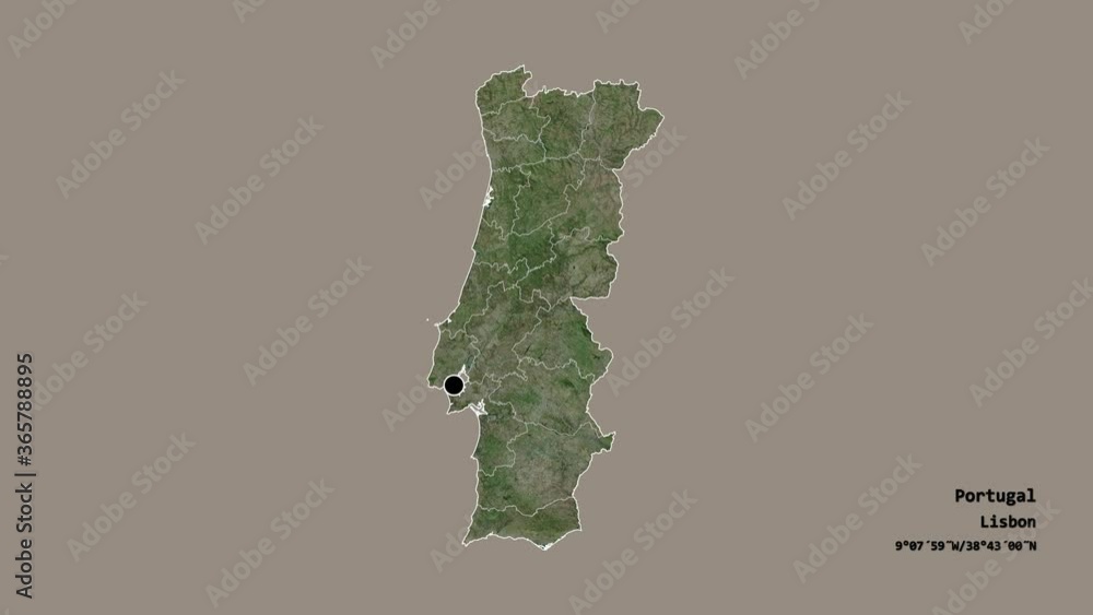 Aveiro, district of Portugal, with its capital, localized, outlined and zoomed with informative overlays on a satellite map in the Stereographic projection. Animation 3D