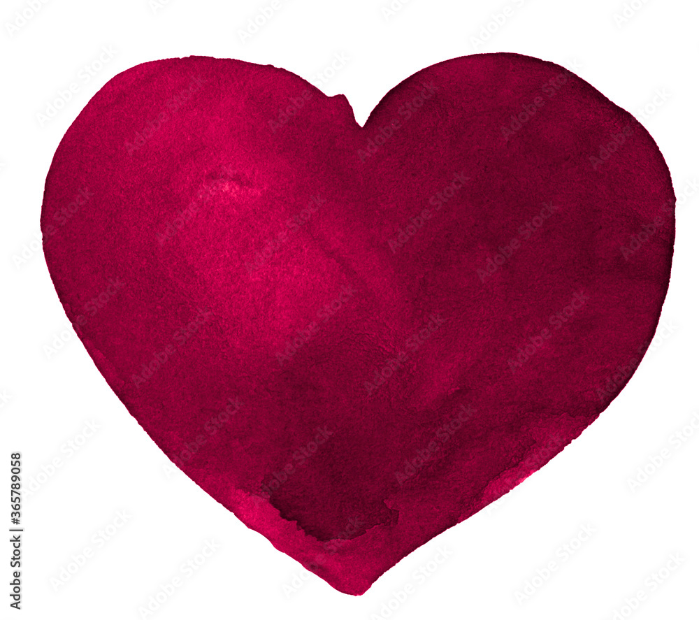 Burgundy watercolor heart shape, background with clear borders and natural splashes. Watercolor brush stains. Copy space.