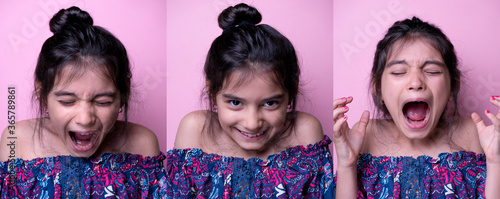 Excitement and fascination concept. Close up portrait.  actor pink background. foolish grimaces comical crazy gesture. Funny expression.  non-verbal reaction. emotional ecpression photo