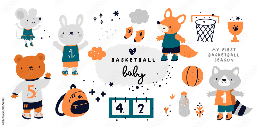 Fototapeta premium Childish collection with cute sportive animal characters. Animals playing in basketball. Sport in school competitions. Raccoon, fox, bear, bunny, mouse and equipment for basketball game