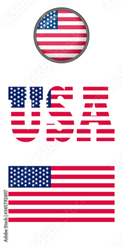 American flag icons on a white background. Vector image: flag of the United States of America, button and abbreviation. You can use it to create a website, print brochures, booklets, leaflets.