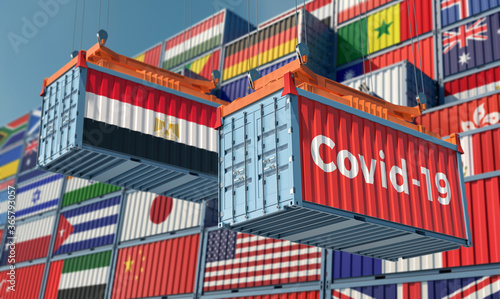 Container with Coronavirus Covid-19 text on the side and container with Egypt Flag. Concept of international trade spreading the Corona virus. 3D Rendering © Marius Faust