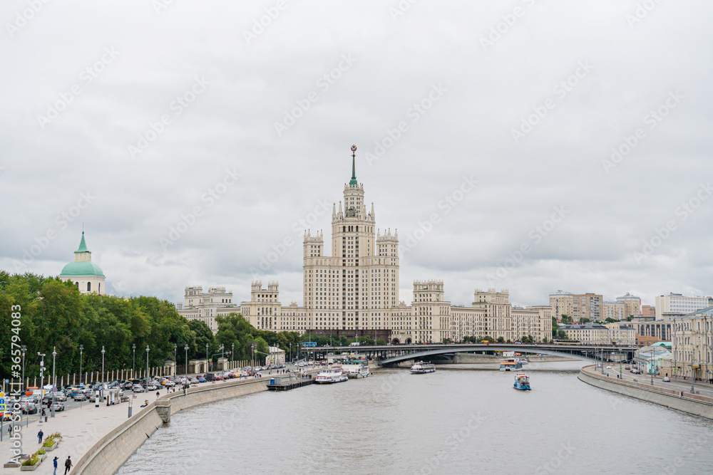 Building on Kotelnicheskaya embankment in summer with a view of the Moskva-River Moscow 2020