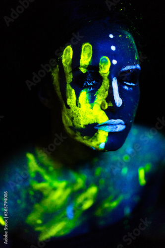 abstract blue background with human head and hands