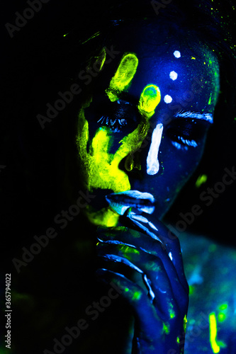 abstract blue background with human head and hands