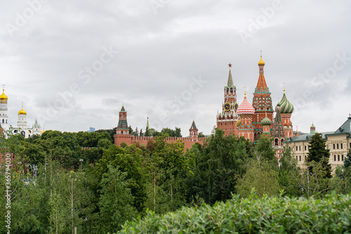 view of the Moscow Kremlin from Zaryadye park in summer Moscow 2020
