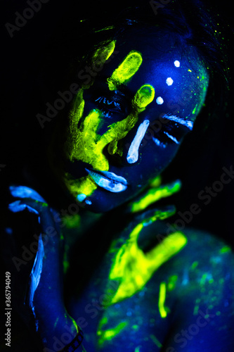 abstract blue background with human head and hands