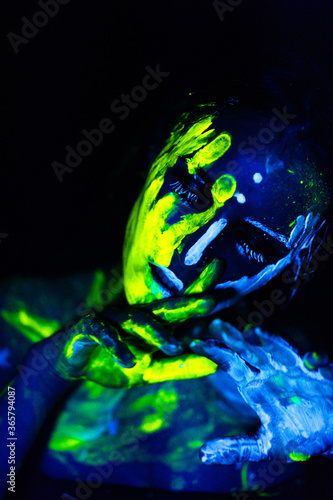 abstract blue background with human head and hands