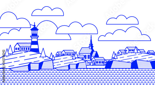 Illustration in the style of a lineart on the marine theme: the sea, the coastal town, boat, lighthouse, rock