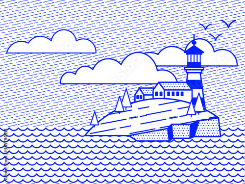 Illustration in the style of a lineart on the marine theme: the sea, the coastal town, boat, lighthouse, rock