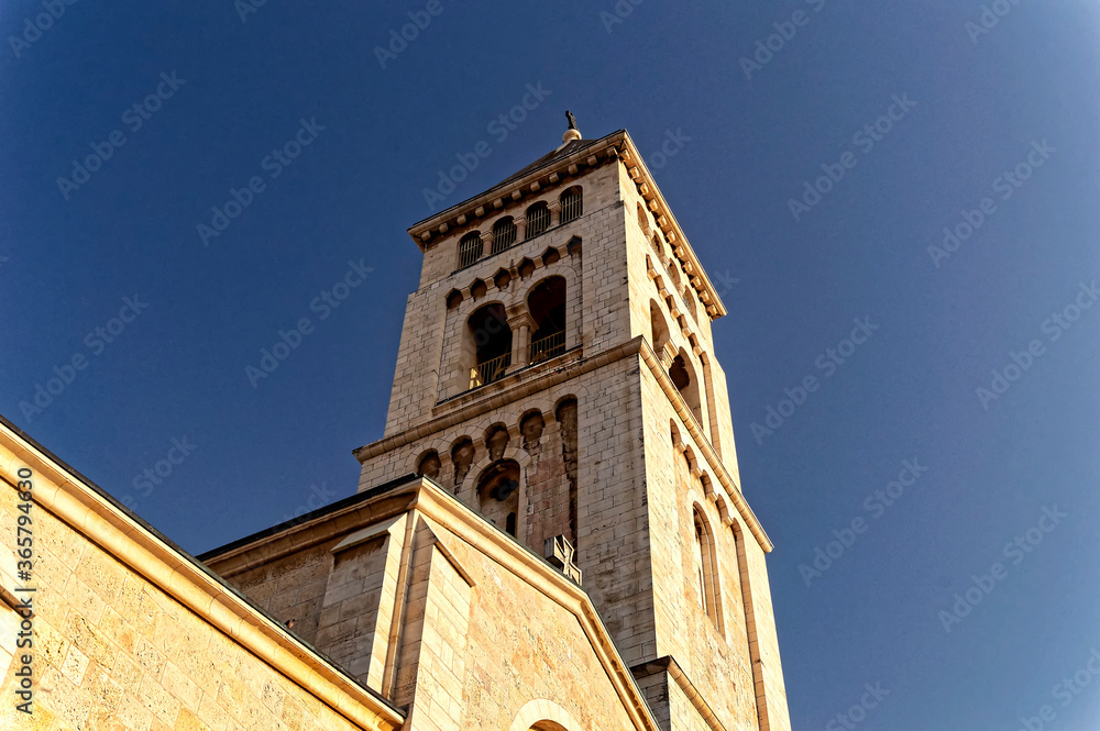 Bell tower of one churches in The Old City of Jerusalem in Jerusalem, Israel.