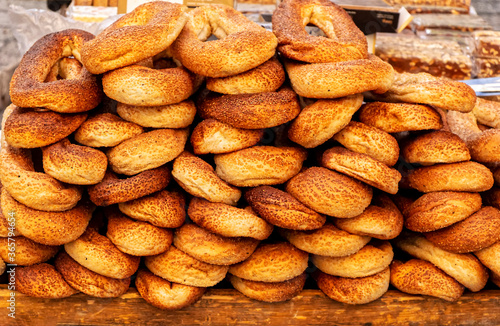 Traditional pastry exposed for sale on street stall in the Old City of Jerusalem in Jerusalem, Israel.