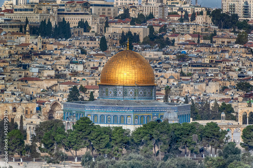 Panoramically view over Jerusalem, with Al-Aqsa Mosque in central position in Jerusalem, Israel. 