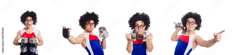 Funny man exercising with dumbbells Funny man exercising with dumbbells